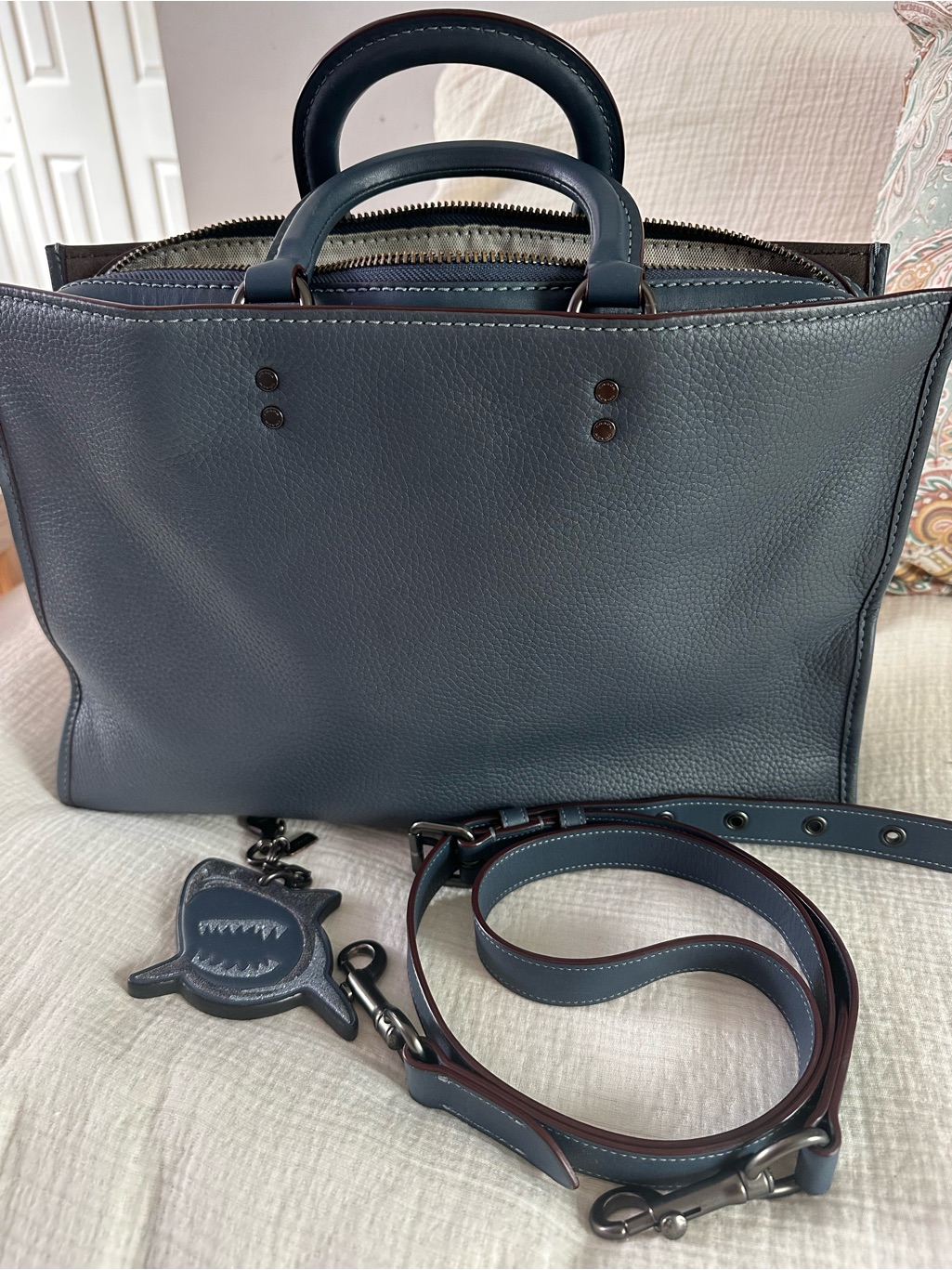 Coach Rogue Brief In Denim Blue With Coach Shark Charm Key Fob